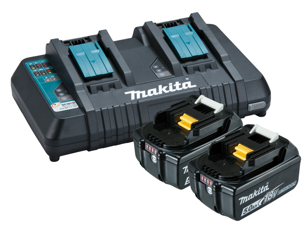 Makita 198928-5 18V Li-Ion Cordless Dual Port Charger DC18RD & 5.0Ah Batteries BL1850B