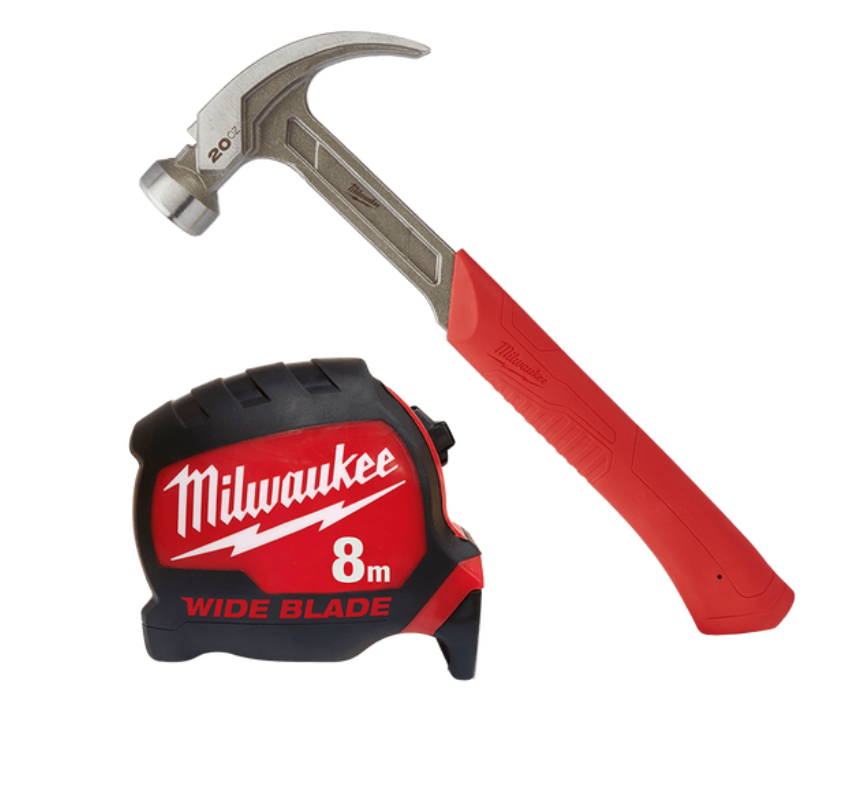 Milwaukee 20oz Curved Claw Hammer and 8m Wide Blade Tape Measure Set - 48229080W
