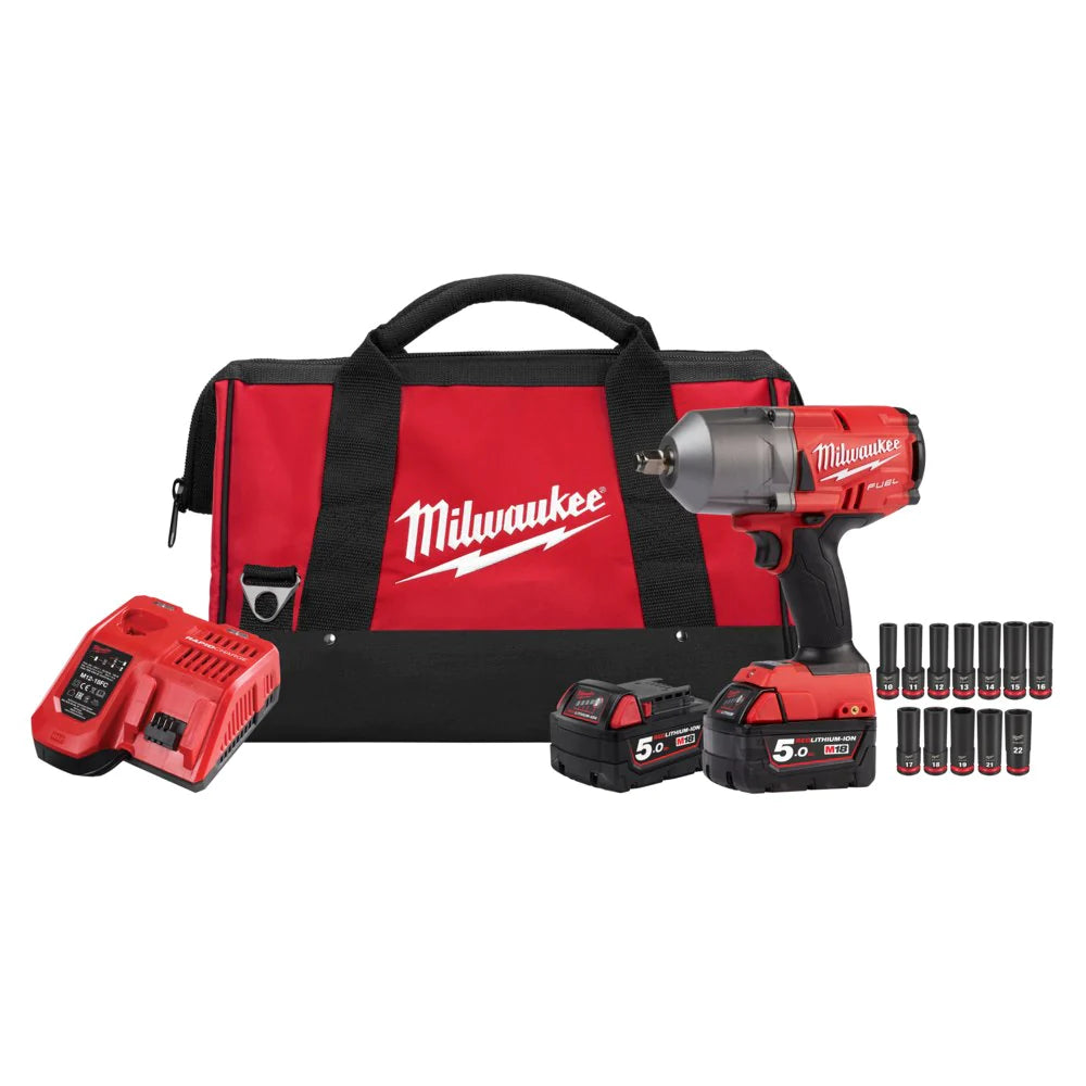 Milwaukee 18V 5.0Ah Li-Ion Cordless Fuel Gen 2 1/2" High Torque Impact Wrench Combo Kit with Socket Set M18FHIWF12-502BS